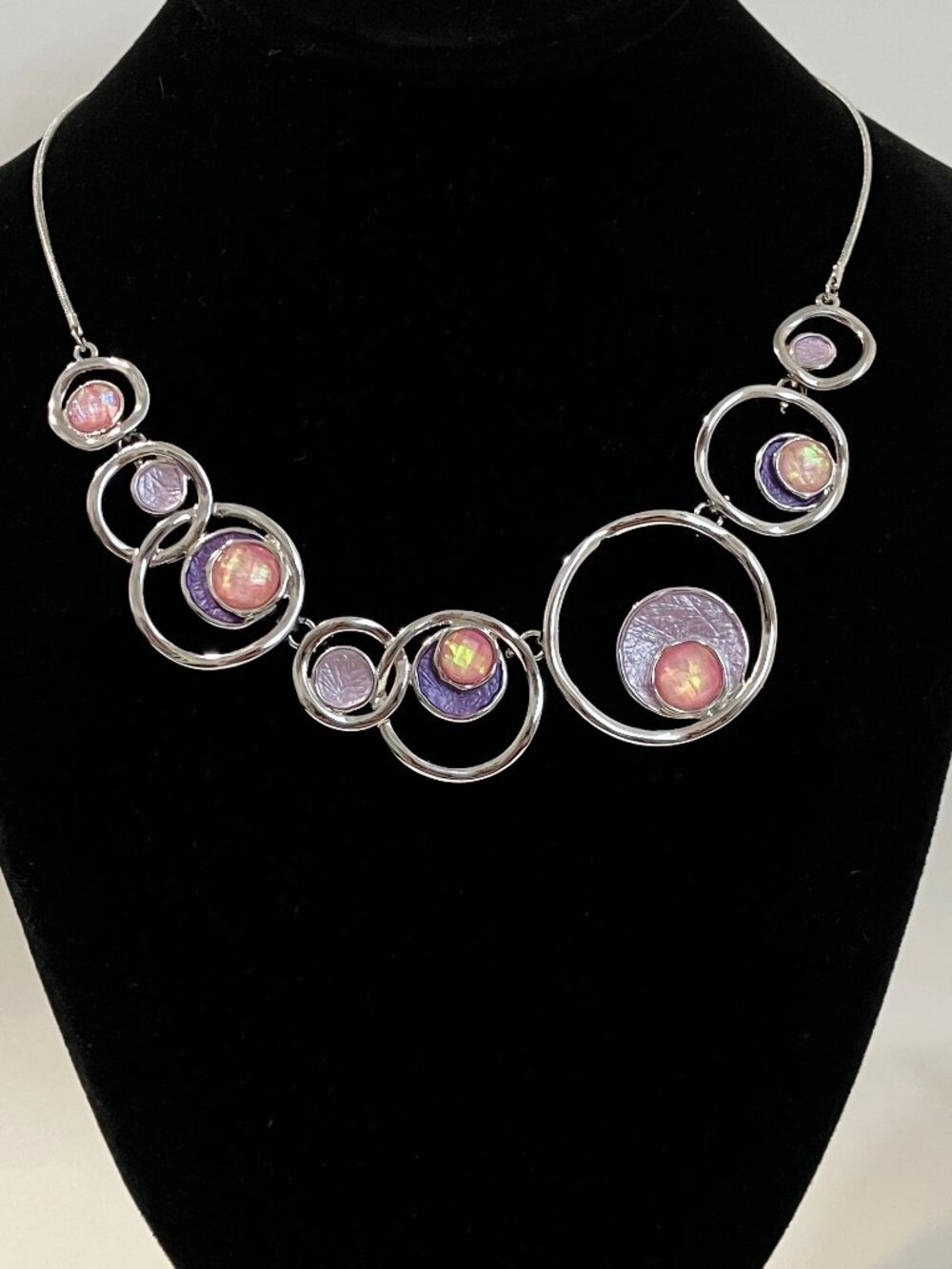 Equilibrium Necklace Pink Purple Crystal Stone Snake Chain Silver Metal Circles